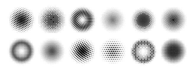 Naklejka na ściany i meble Halftone radial gradient collection. Dotted texture round patterns. Comic faded circles background set. Abstract pixelated element pack for frame, poster, collage, banner, flyer. Vector cartoon bundle Naklejka na ściany i meble Halftone radial gradient collection. Dotted texture round patterns. Comic faded circles background set. Abstract pixelated element pack for frame, poster, collage, banner, flyer. Vector cartoon bundle