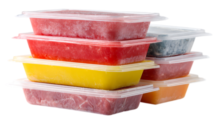 Stack of frozen food in plastic containers isolated on transparent background