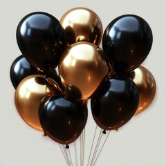 Cluster of shiny black and metallic gold helium balloons with reflective surfaces against a neutral background conveying festive and elegant celebration