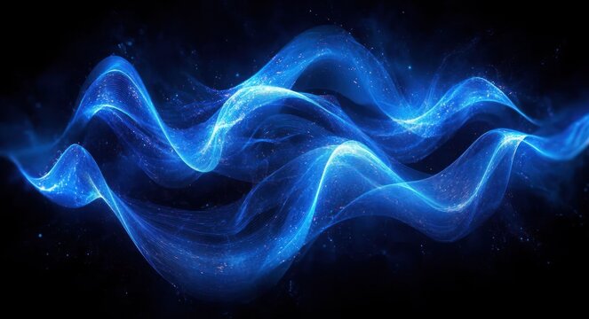 Abstract flowing blue waves of light with glowing particles on a dark background conveying motion and energy - Powered by Adobe