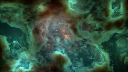 Mystical nebula of teal and dark reddish-brown gases with distant stars. Ideal for space-themed projects, sci-fi backgrounds, or cosmic art.