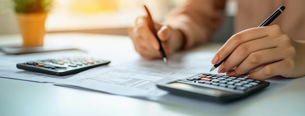 Close-up of hands using calculator and writing on paperwork with two calculators on a bright desk in a focused work environment