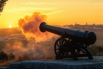 Historic cannon firing at sunset with dramatic orange flame and smoke against a distant city skyline and golden sky