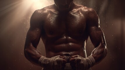 Strong male athlete preparing for training in a dramatic setting with sweat and focus, illustrating dedication and strength in dynamic sports environment