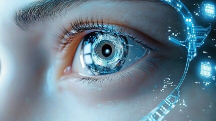 Close-up of a human eye with futuristic digital circuitry and glowing blue interface elements reflected on the iris, conveying advanced technology and cybernetic integration