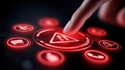 Hand Touching Warning Icon on Digital Screen with Interactive Symbols for Emergency Alerts and Notifications in Modern Technology Environment