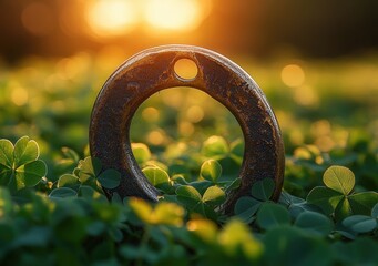 Rusty metal ring with hole standing upright among green clover plants illuminated by warm golden sunlight at sunset