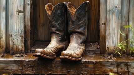Pair of weathered and muddy cowboy boots resting on a rustic wooden step with aged wooden planks in the background evoking a rugged and nostalgic atmosphere
