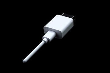 White electronic adapter plug with a cylindrical connector against a black background