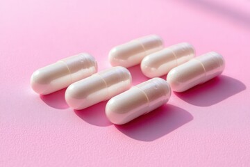 Six white capsules arranged on a soft pink surface with sunlight casting gentle shadows, evoking a calm and clean medical or wellness atmosphere