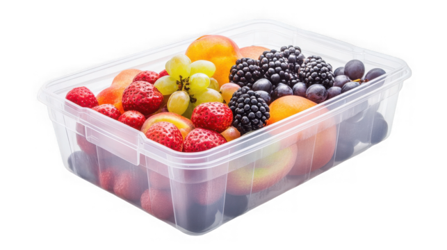 Assorted fresh fruits in a clear plastic container  studio shot display on transparent background