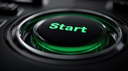 Close-up of a glossy black start button with glowing green text, ideal for technology, gaming, and digital media projects