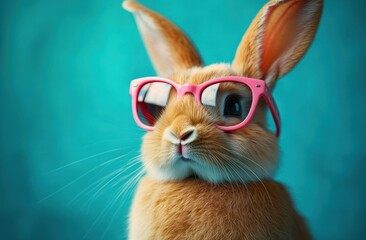 Close-up of a light brown rabbit wearing oversized pink glasses against a teal background, creating a playful and charming look