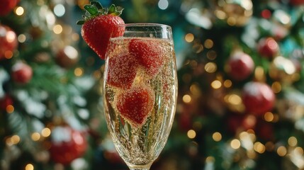 Festive Champagne Cocktail with Fresh Strawberries in a Elegant Flute Glass Surrounded by Holiday Decorations and Bokeh Lights