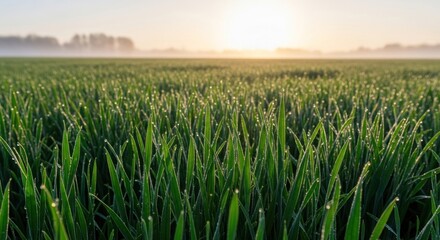Sun rises over dewy field of green blades, horizon foggy, creating a tranquil atmosphere. Soft light illuminates the fresh grass