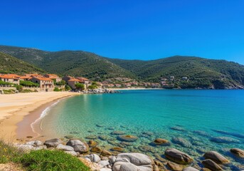 Obraz premium Beautiful mediterranean beach with turquoise water and coastal town isolated on white background