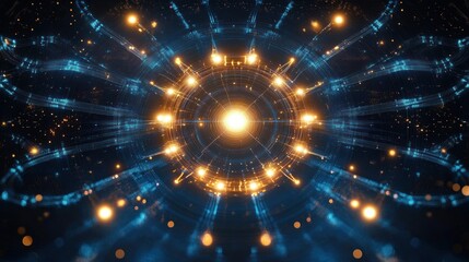 Glowing central sphere surrounded by intricate circular blue light patterns and numerous small bright yellow lights creating a futuristic digital energy impression