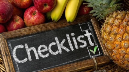 Fresh Fruits and a Checklist for Healthy Eating in a Market Setting With Natural Colors and Textures