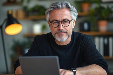 Confident middle-aged man with grey hair and glasses sitting at desk with laptop in cozy home office environment, smiling calmly