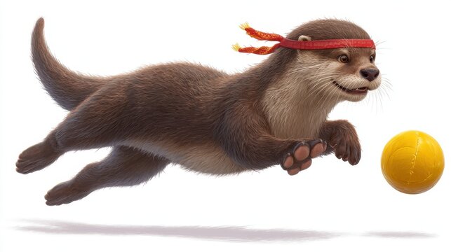 Playful cartoon otter wearing a red headband jumps towards a bright yellow ball in a dynamic and energetic scene showcasing joy and movement