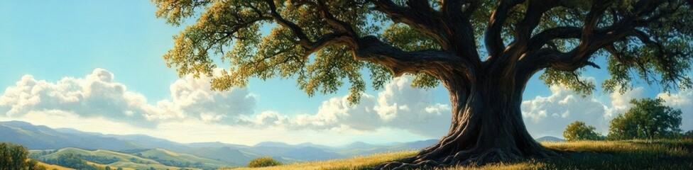 Large old tree with sprawling branches and roots standing on a grassy hill under a bright sky with fluffy clouds and distant mountains