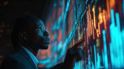 Professional in Formal Attire Analyzing Digital Stock Market Data with Colorful Graphs Displayed on Innovative Screen Technology