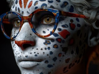Close up of a model showcasing creative snow leopard makeup and stylish eyeglasses, highlighting the fusion of fashion and wildlife inspired aesthetics in a beauty campaign