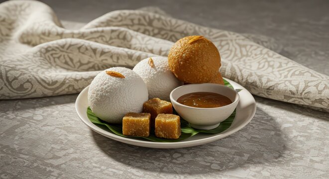 A plate of sweets including rasgulla cham cham pantua and caramel sauce on a banana leaf with cloth