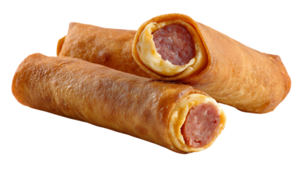 Three delicious looking sausage rolls isolated on transparent background