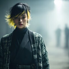 Young androgynous person with yellow highlights wearing modern japanese clothes posing in a foggy street with blurred people in the background