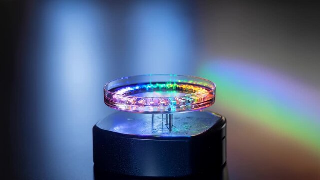 Biotech innovation in drug discovery with transparent glass petri dish on laboratory table illuminated by vibrant light spectrum, symbolizing science research and futuristic technology progress