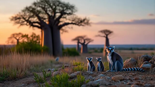 Sunset lemurs by baobab trees (2)