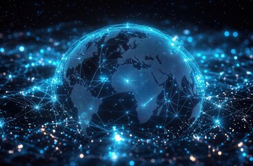 Glowing digital globe with interconnected network lines representing global communication and data exchange in a futuristic blue theme