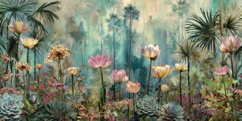 Floral Landscape With Palms and Tulips