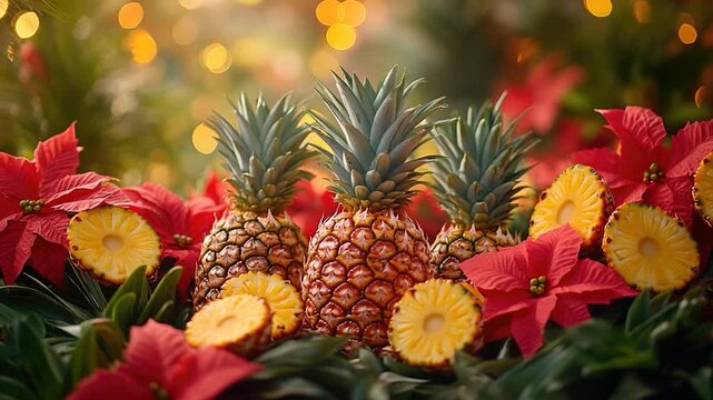 Fresh pineapples placed on vibrant red poinsettias, perfect for holiday decor or tropical theme