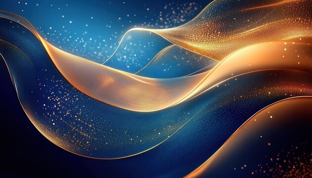 Abstract flowing waves of golden light and particles gracefully undulating against a deep blue background creating a serene and dynamic visual effect