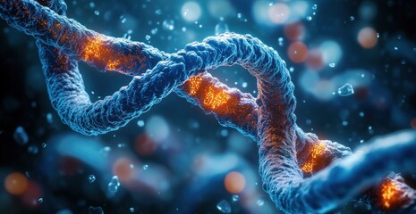 Close-up view of a glowing DNA double helix strand with intricate texture and illuminated molecular structures in a blue and orange color scheme