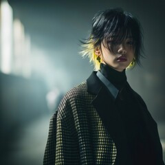 Androgynous fashion model posing in a dimly lit setting, featuring a trendy two tone hairstyle with black and yellow highlights, wearing a sophisticated overcoat and turtleneck