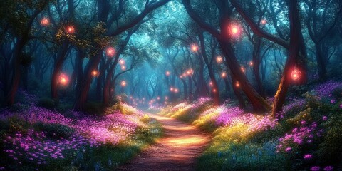 Enchanted forest path illuminated by glowing orange lanterns among dense trees and vibrant pink and purple flowers under a misty blue atmosphere