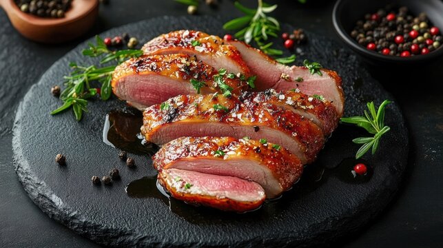 Close-up of sliced roasted duck breast with crispy skin garnished with herbs and coarse salt on a black stone plate with peppercorns and rosemary sprigs
