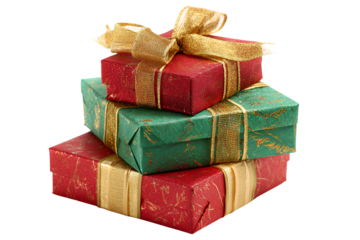  a stack of christmas gifts wrapped in red, green, and gold paper with golden bows, isolated on a  Transparent background PNG