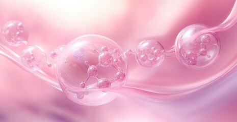 Transparent pink molecular structures connected by thin strands floating in a soft pink environment, evoking a delicate and scientific atmosphere