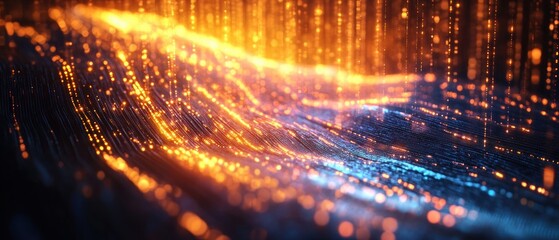 Abstract glowing orange and blue digital wave pattern with vertical light streaks creating a dynamic and futuristic atmosphere