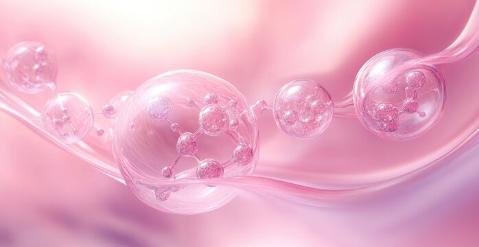 Transparent pink molecular structures connected by thin strands floating in a soft pink environment, evoking a delicate and scientific atmosphere