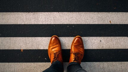 Stylish Brown Shoes on a Pedestrian Crossing in an Urban Setting During Daylight, Showcasing Footwear Fashion and Street Design