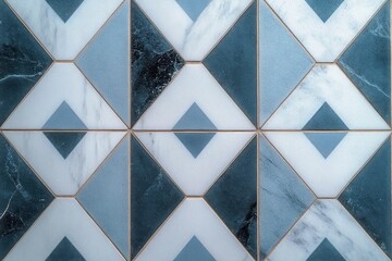 Close-up of a geometric patterned tile wall with blue and white marbled textures forming triangles and diamond shapes