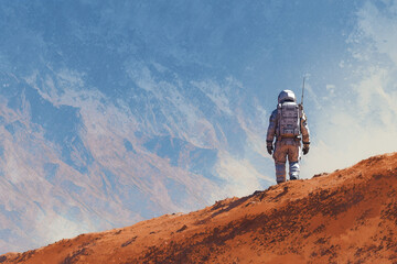 Astronaut on mars looking rocky ground. Planet desert landscape area exploration.