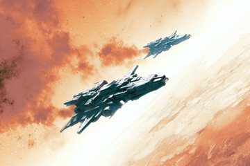Battleshis flying in deep space. Water color digital art.