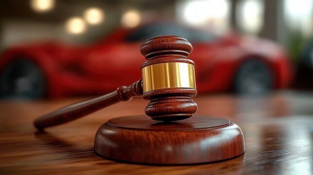 Close-up of a wooden judge's gavel with a golden band resting on a wooden sound block with a blurred red car in the background, evoking authority and decision-making
