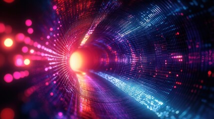 Colorful digital tunnel composed of glowing neon lights and binary code patterns creating a futuristic and dynamic visual effect